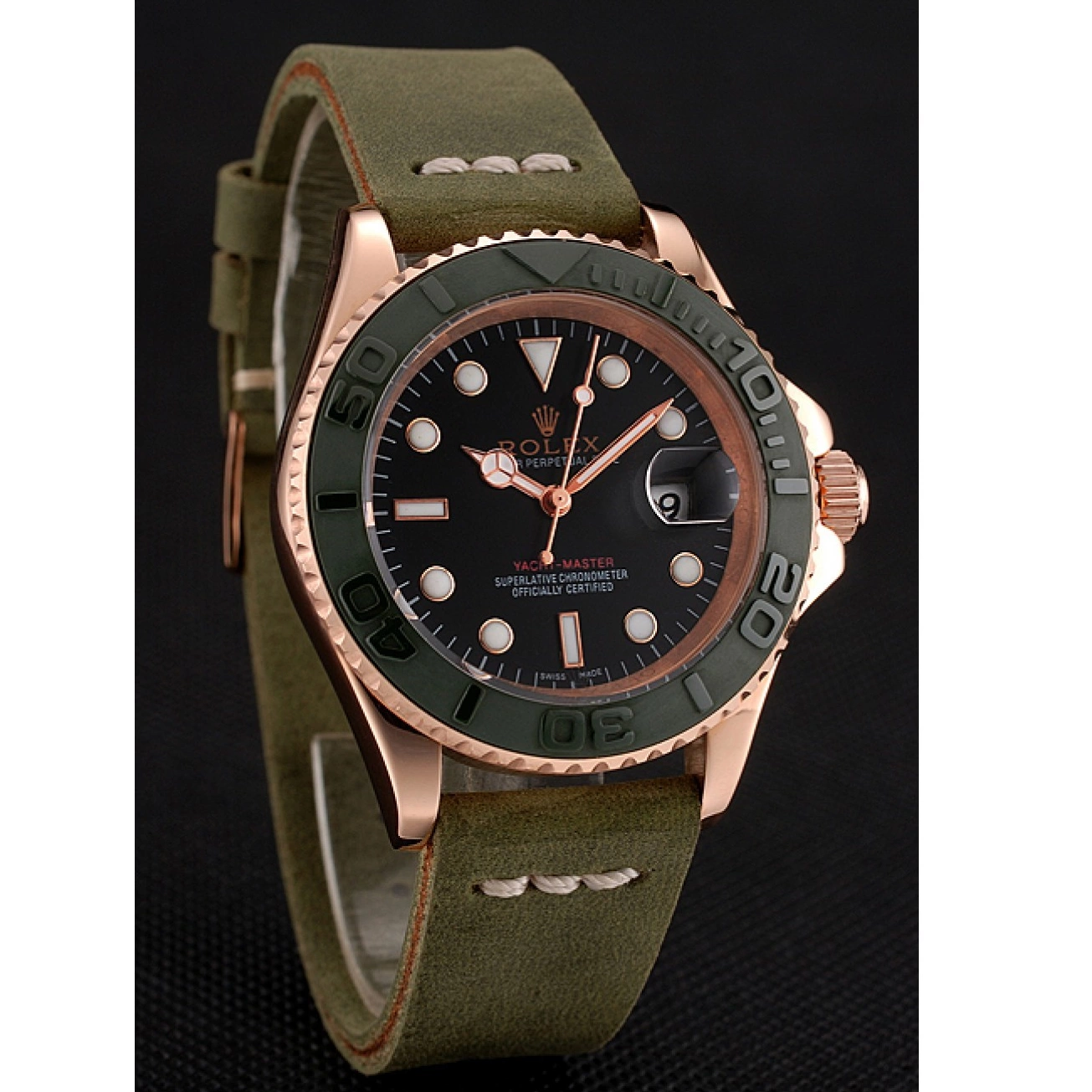 Aaa replica watch Leather Green Master Bezel Rolex Green Bracelet 1453862 Case Yacht Black Gold Rose Dial 0615